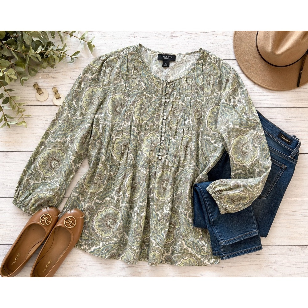 Talbots Womens Green Paisley Pintuck Pleat Long Sleeve Cotton Blouse Size M Boho